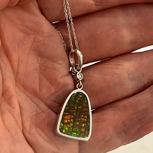 14k Ammolite and Diamond White Gold Pendant Necklace - Picture 11 of 17